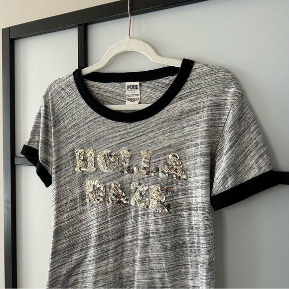 [S] Pink VS Holladaze Gold Glitter Letters Grey & Black Peppered Pattern T Shirt - Picture 3 of 7